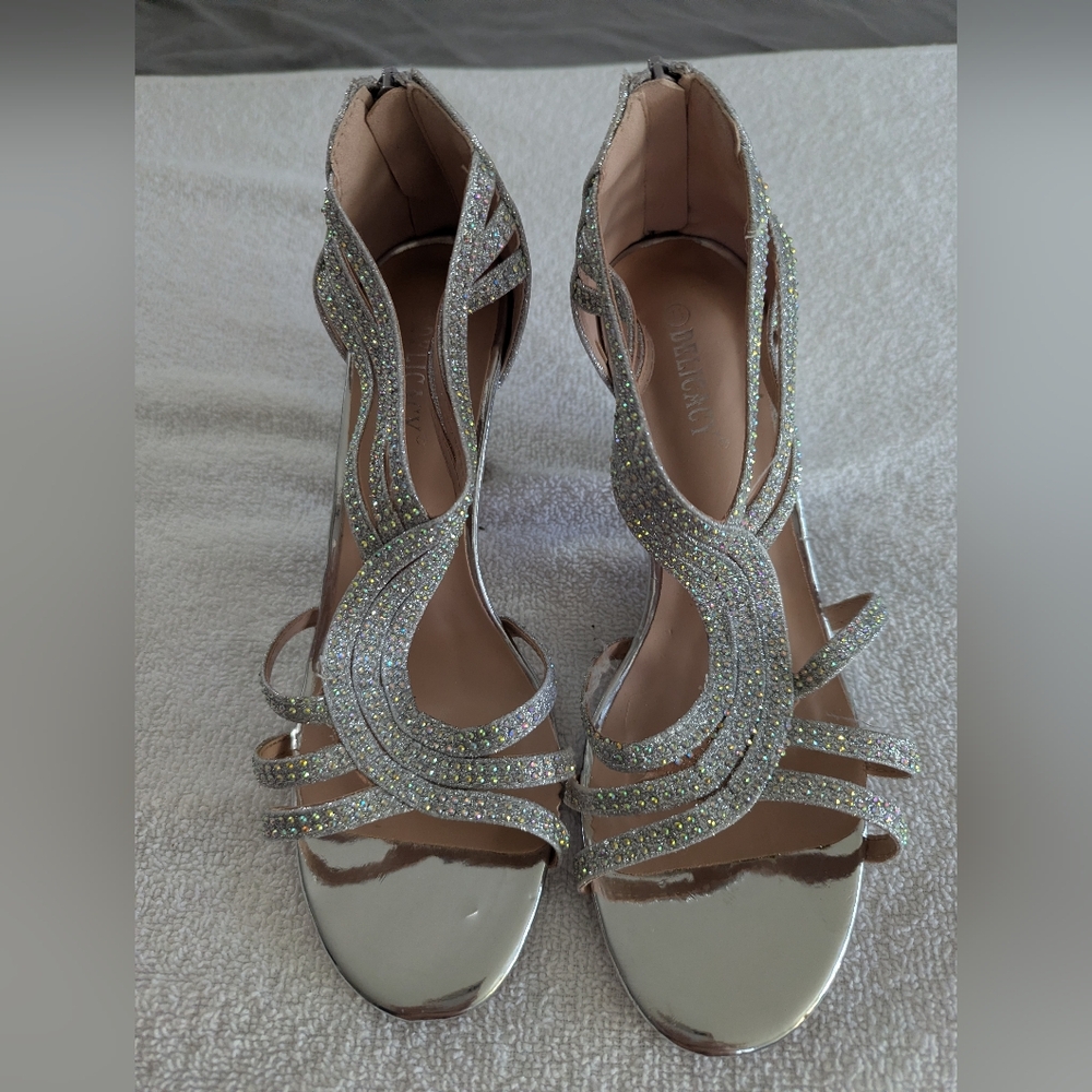 Delicacy Perform silver glitter rhinestone ankle strap Heels Ballroom 7.5 Prom